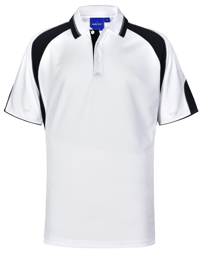 A white polo shirt with black sleeves and a collar. Features a logo on the chest.