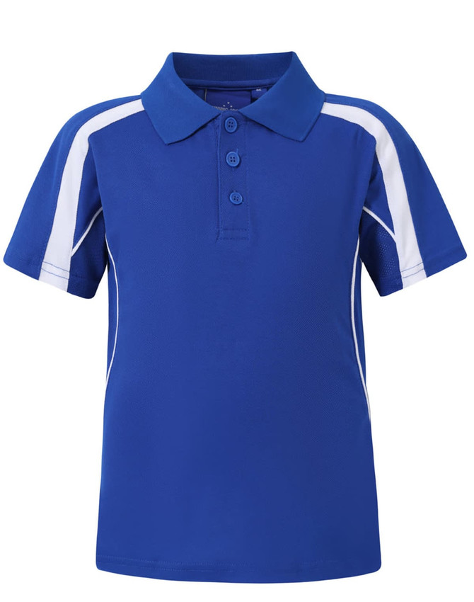 A blue kids' polo shirt with white side panels and a collar, featuring a logo on the chest area.