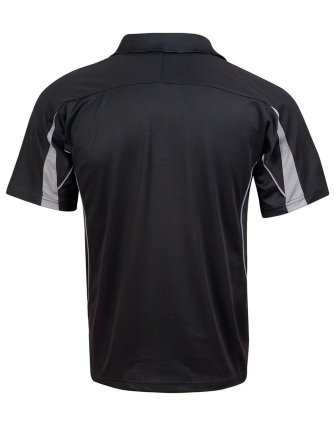 A black polo shirt featuring grey accents and a logo on the upper back. Short sleeves and a classic collar design.