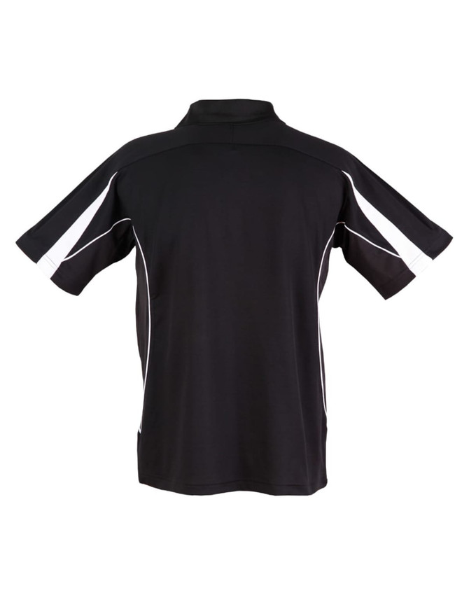 A black short sleeve polo shirt featuring white accent stripes and a collar, with a logo on the front.
