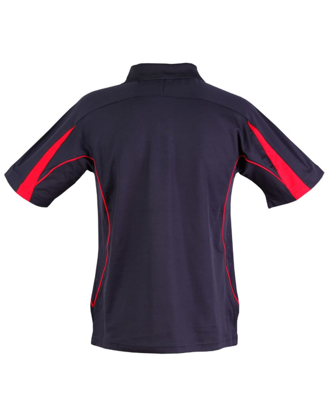 A navy blue polo shirt featuring red accents and a logo. Designed with short sleeves and a classic collar.