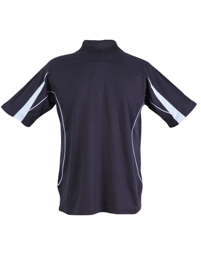 A dark navy polo shirt with short sleeves and white accents, featuring a back view and a logo on the side.