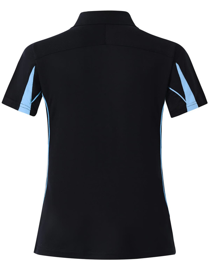 A black short sleeve polo shirt with light blue accents and a logo. The back features a fitted design.