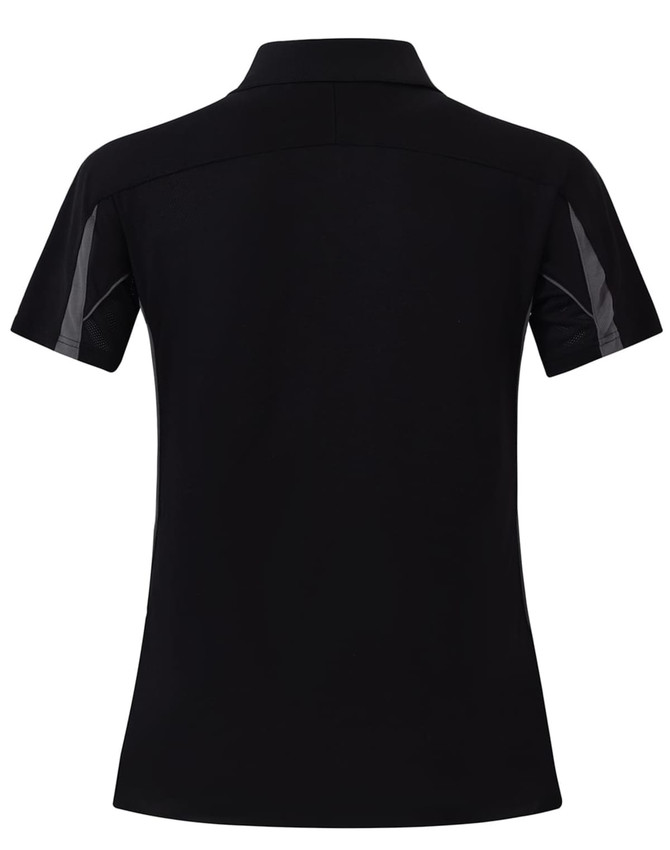 A short sleeve polo shirt in black with grey accents, featuring a collar and a logo on the front.