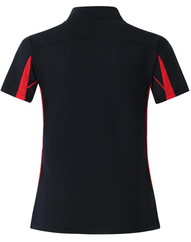A black polo shirt with red accents and a collar, featuring a logo on the front.