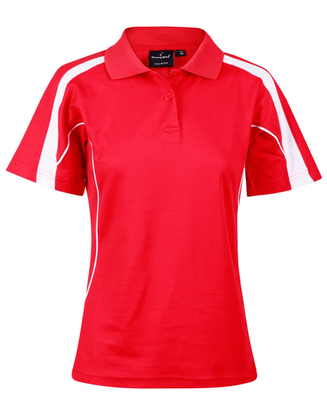 A red polo shirt with short sleeves, featuring white side accents and a logo on the chest.