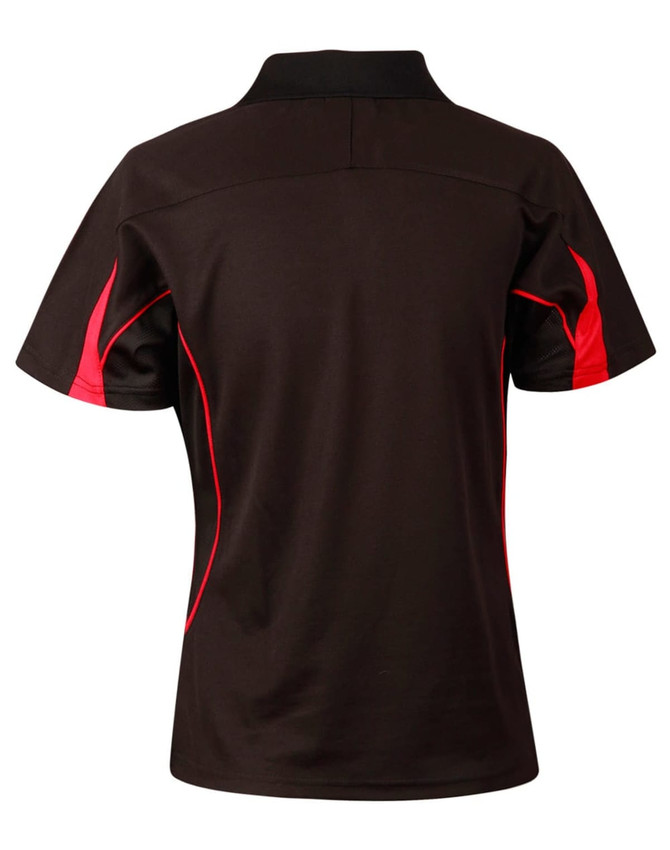 A black short sleeve polo shirt with red accents and a logo on the collar.