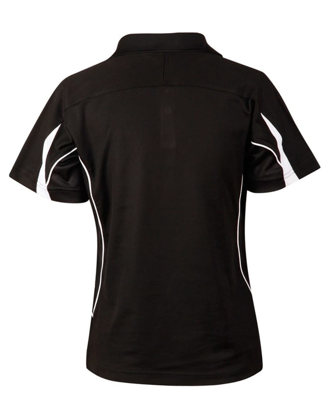 A black short sleeve polo shirt with white accents and a logo on the front.