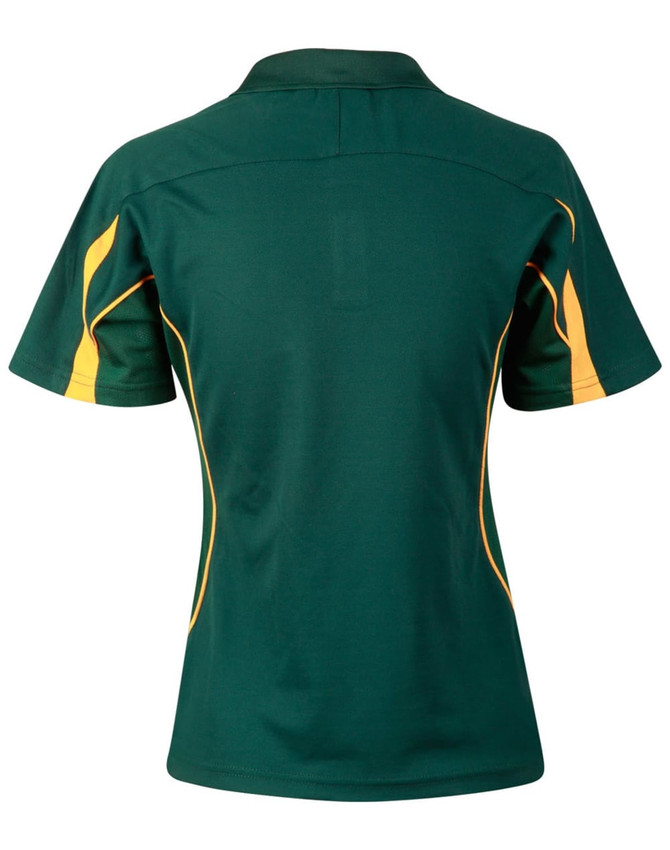 A green and gold short sleeve polo shirt featuring a logo, designed for women.