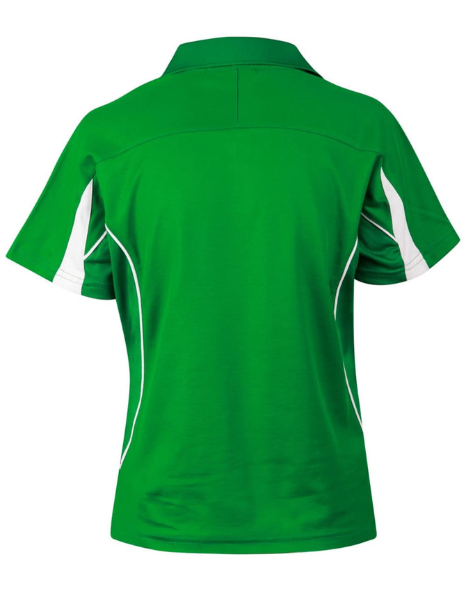 A green short sleeve polo shirt with white detailing and a collar, featuring a logo on the back.