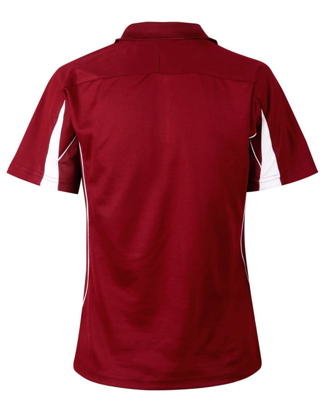 A maroon short sleeve polo shirt with white accents and a logo on the chest.