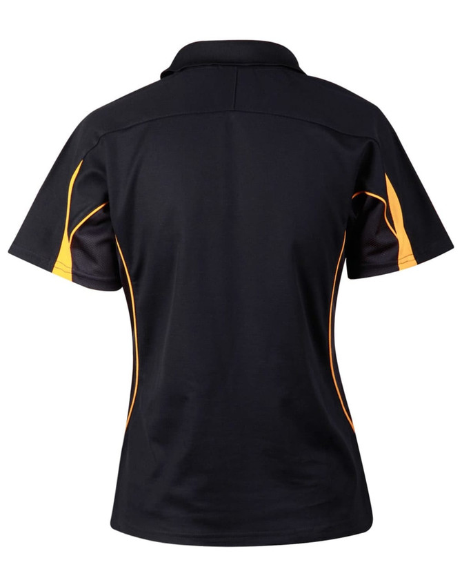A black polo shirt with short sleeves featuring orange side panels and a logo. Back view displayed.