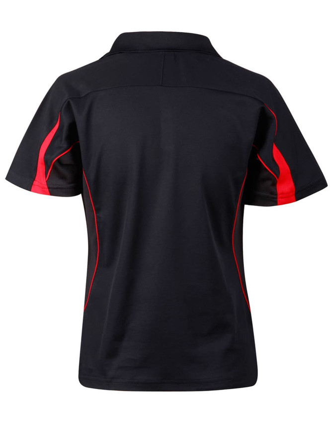 A black polo shirt with red accents and a collar, featuring a logo on the front.