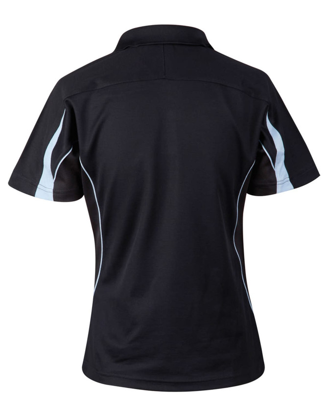 A black short sleeve polo shirt with light blue accents and a logo. The back features a fitted design.