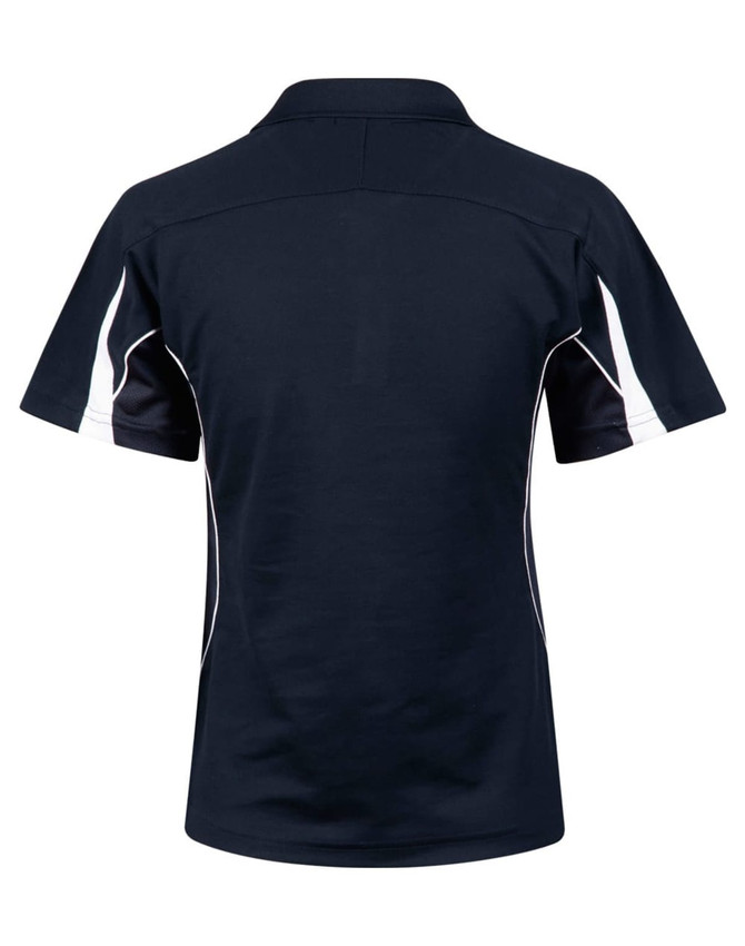 A navy short sleeve polo shirt with white detailing and a subtle logo.