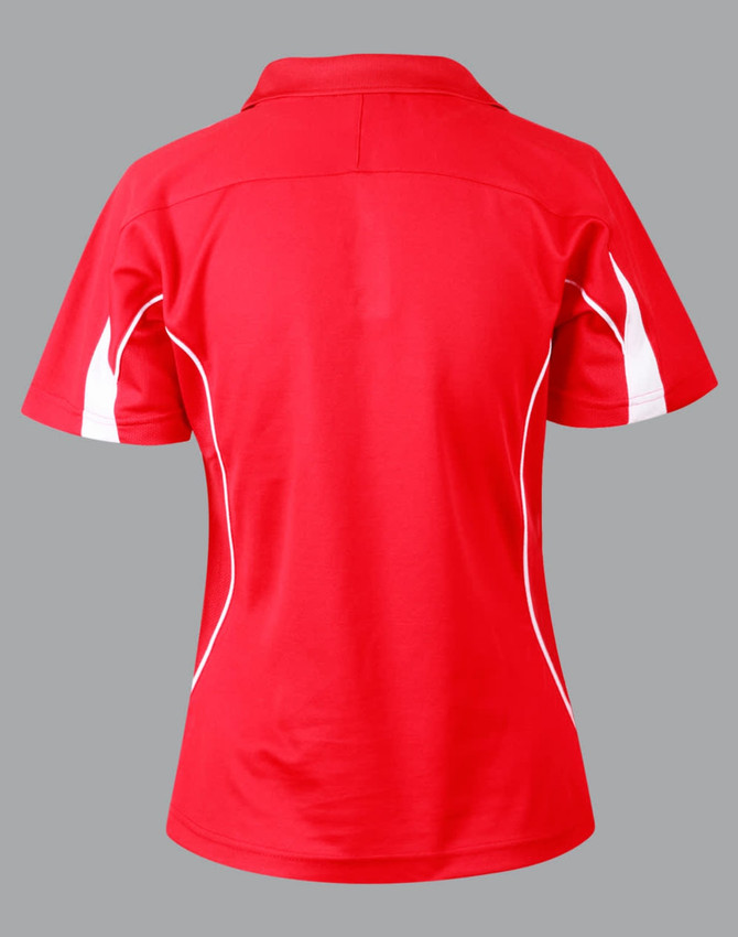 A red polo shirt with white detailing, featuring a collar and short sleeves. It has a logo on the chest.