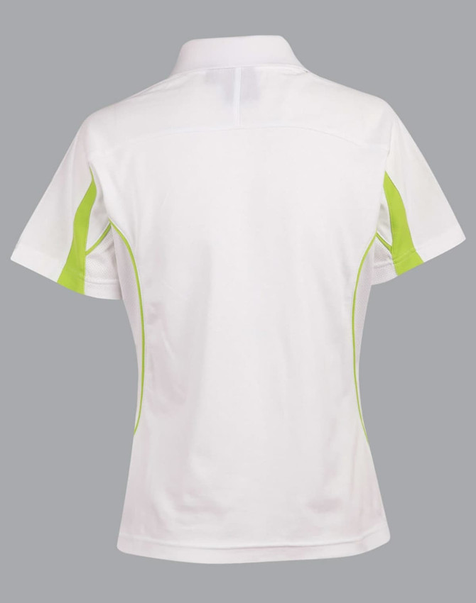 A white polo shirt with green accents, featuring a collar and short sleeves, has a logo on it.