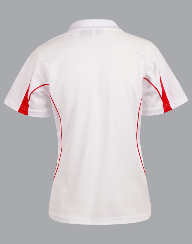 A white polo shirt with red accents and a logo, featuring a short sleeve and a classic collar design.