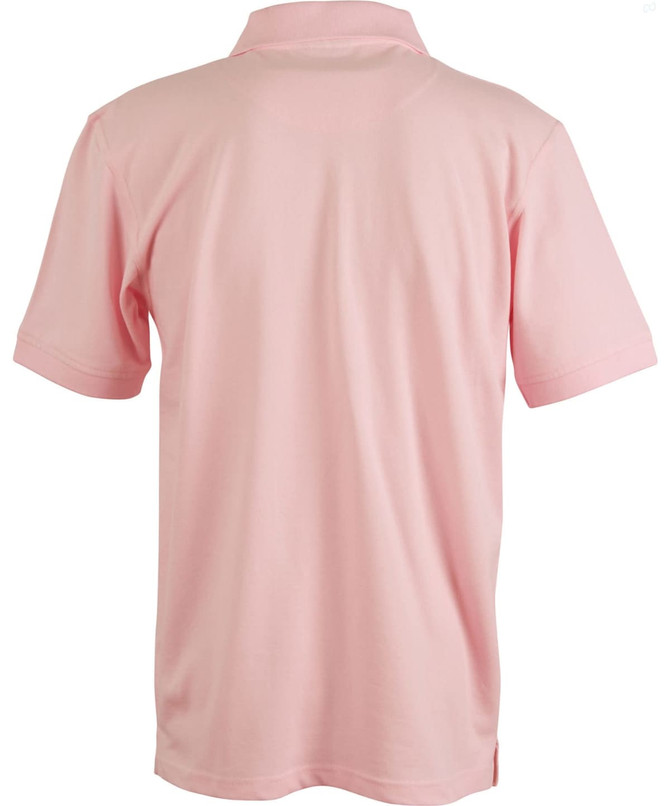 A pink polo shirt with a collar and short sleeves, featuring a logo on the back.