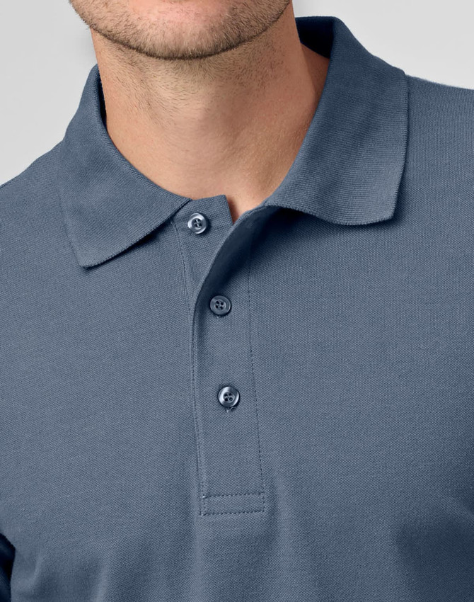A men's cotton stretch polo shirt in a muted blue colour featuring a classic collar and button placket.