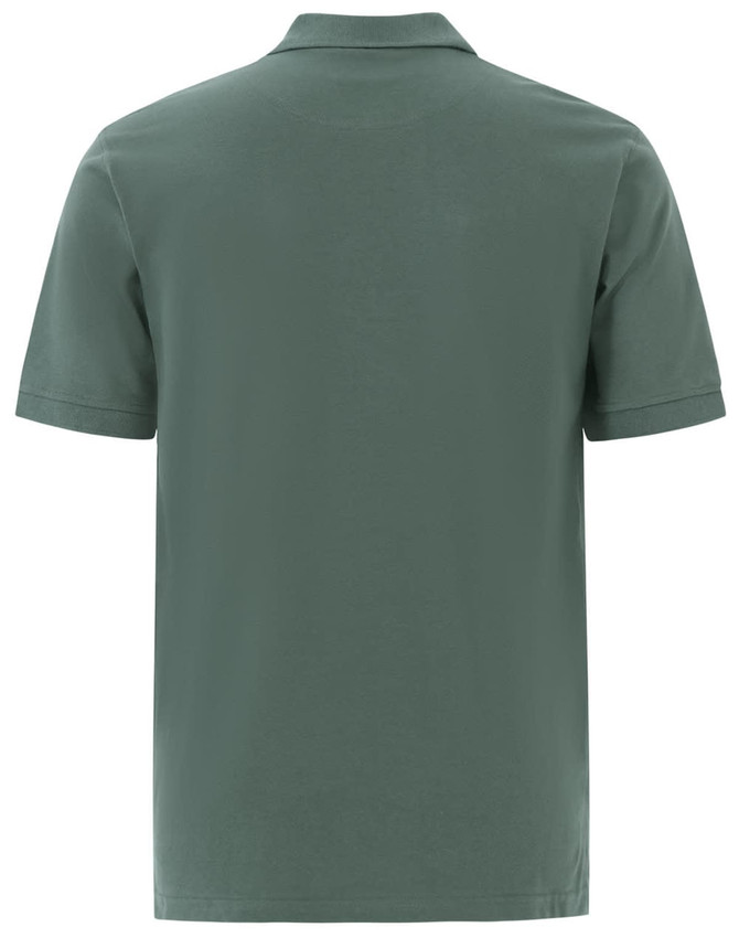 A men's cotton stretch polo shirt in a muted green colour, featuring a collar and short sleeves. It has a logo.