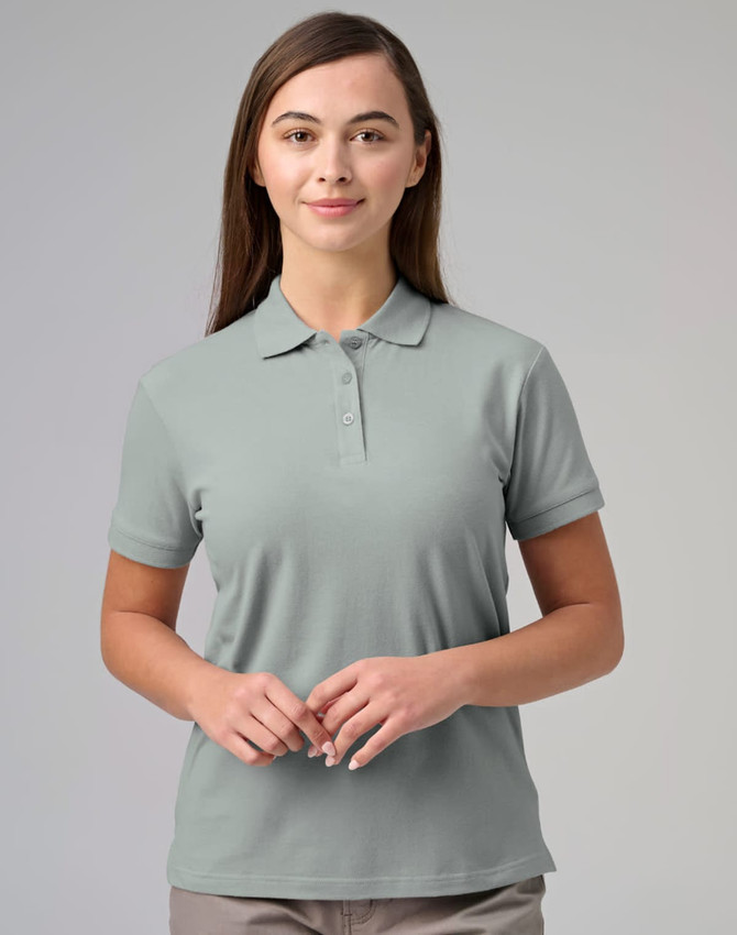 A light grey ladies cotton stretch polo shirt with a classic collar and three-button placket. Features a logo.