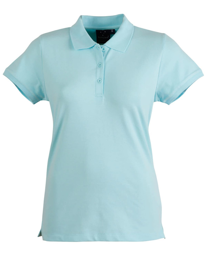 A light blue polo shirt with a collar and short sleeves, featuring a button placket and a logo.