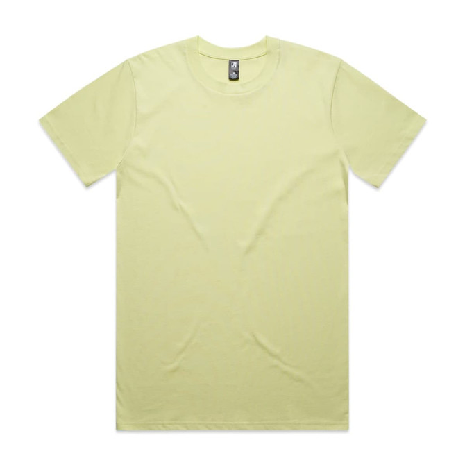 A plain light yellow t-shirt with a crew neckline and short sleeves. It features a label and has no visible designs.