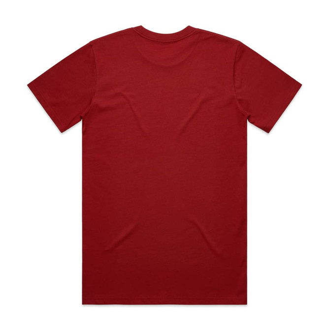 A red classic T-shirt with short sleeves and a plain back. The shirt features a logo.