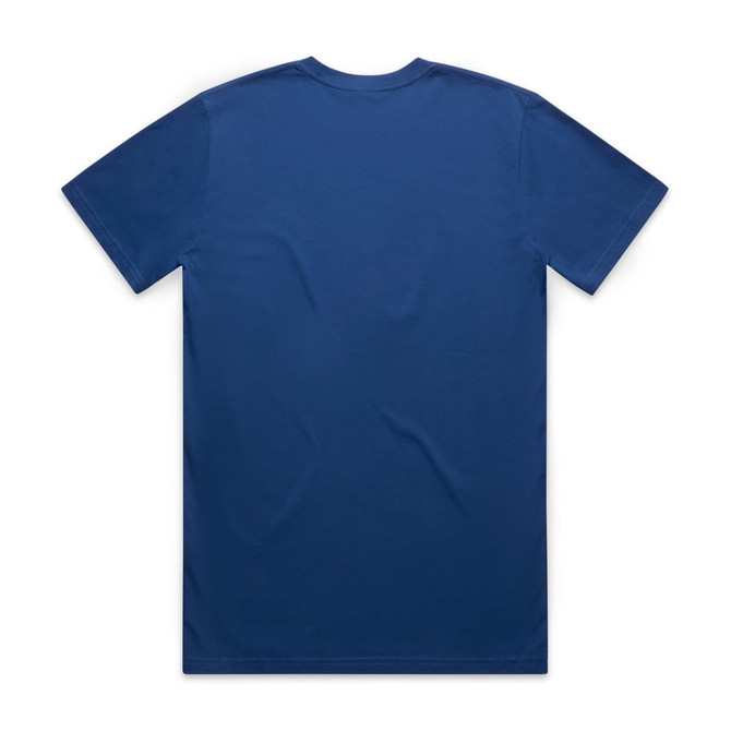 A blue classic t-shirt featuring short sleeves and a plain back design. It has a logo on the label.