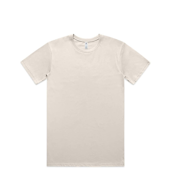 A beige basic t-shirt with short sleeves and a crew neck, featuring a logo on the inside tag.