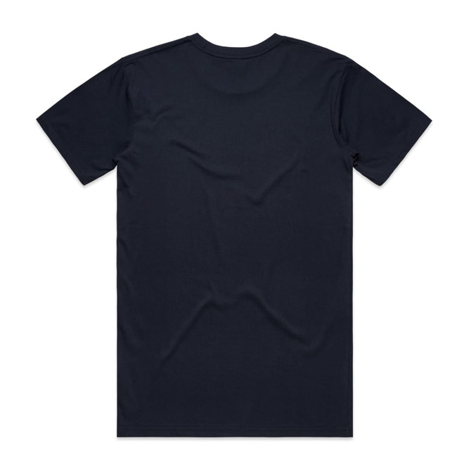 A navy blue T-shirt with a plain back, featuring a logo on the collar.