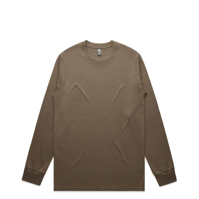 A long-sleeve t-shirt in a muted brown colour, featuring a simple design and a logo on the label.