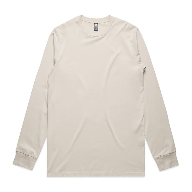 A long sleeve tee in a light beige colour, featuring a logo on the tag. Simple and casual design.