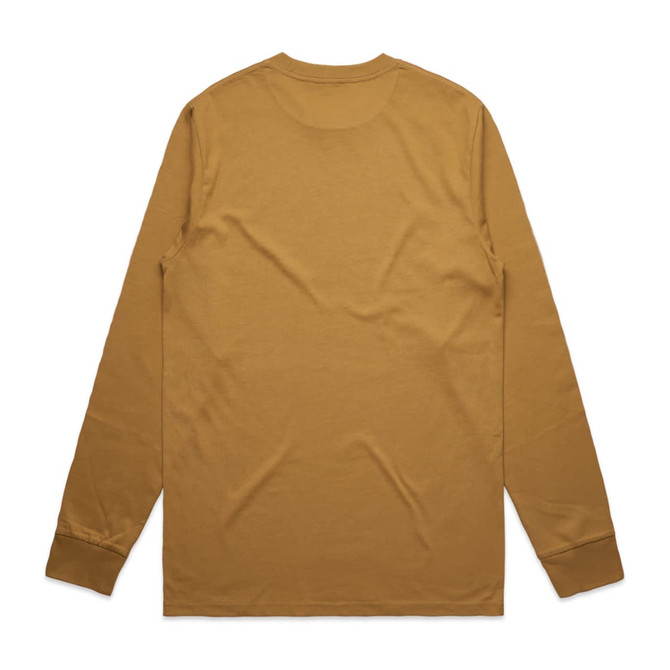A long-sleeve tee in a warm mustard colour, featuring a simple design and a branding logo.
