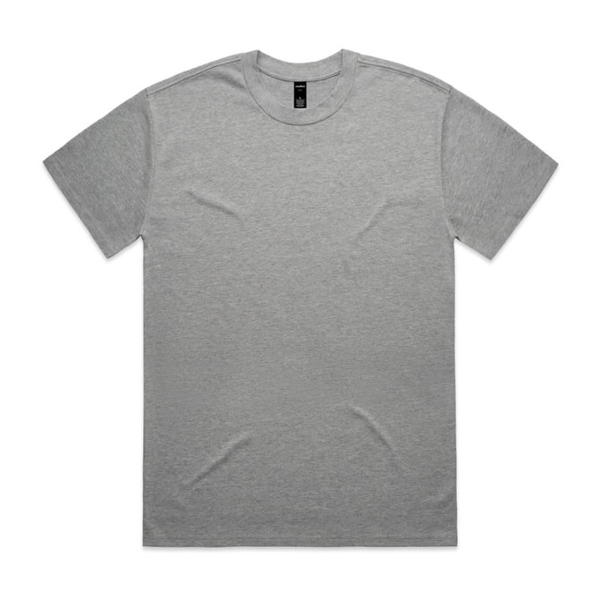 A grey t-shirt with short sleeves, featuring a brand logo on the label.