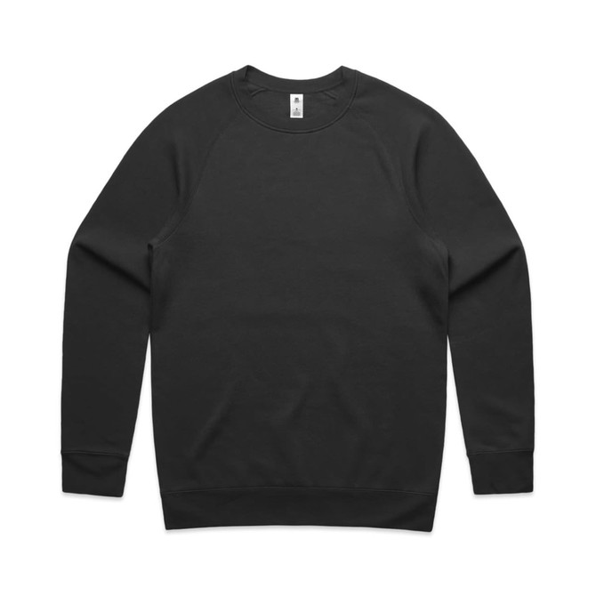 A black crew jumper with long sleeves and a ribbed hem. It has a tag at the neckline and features branding.