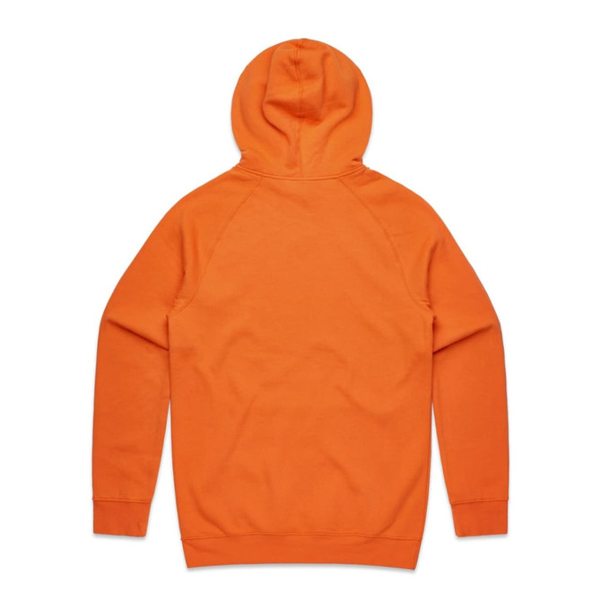 An orange hoodie with a hood and long sleeves, featuring a logo on the back.