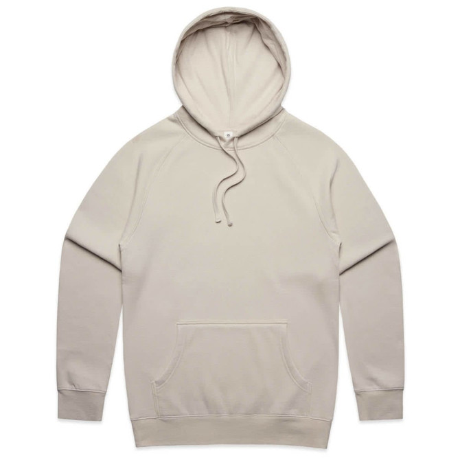 A beige hoodie with a front pocket and a drawstring hood, featuring a small logo.