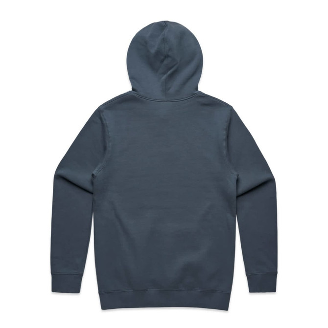 A grey hoodie featuring a hood and long sleeves, with a simple design and branding on the back.