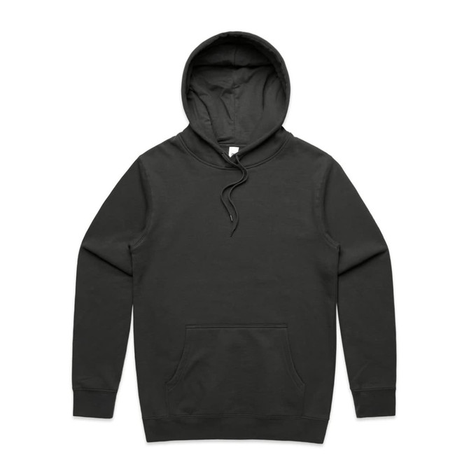 A black hoodie featuring a front pocket and a drawstring hood. It has a logo on the front.