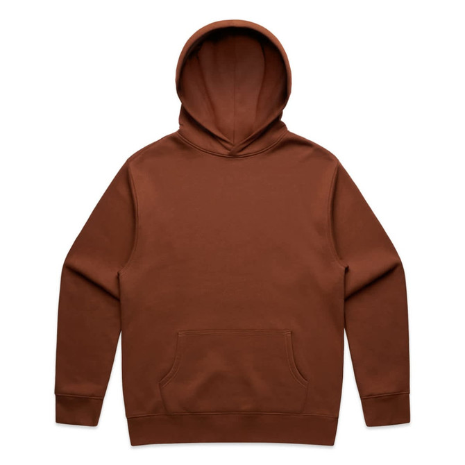 A brown hoodie with a front pocket and an attached hood, featuring a logo on the front.