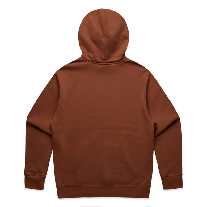 A brown hoodie featuring a hood and long sleeves, presented from the back view. The hoodie has a logo.