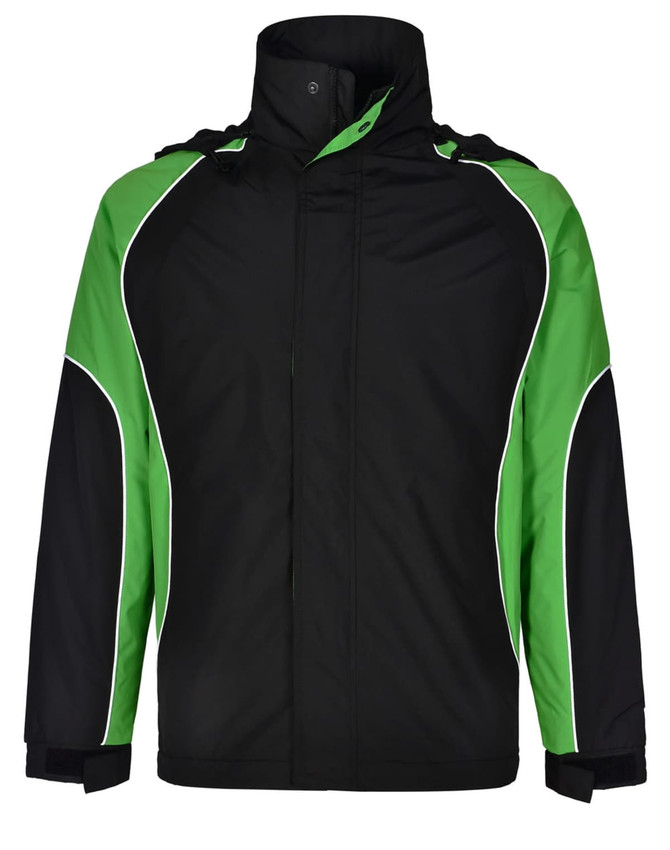 A unisex jacket in black with green accents and a hood. It features a logo on the front.