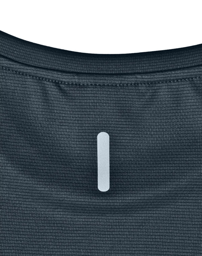 A navy blue men's short-sleeve performance tee featuring a logo and textured fabric on the back.