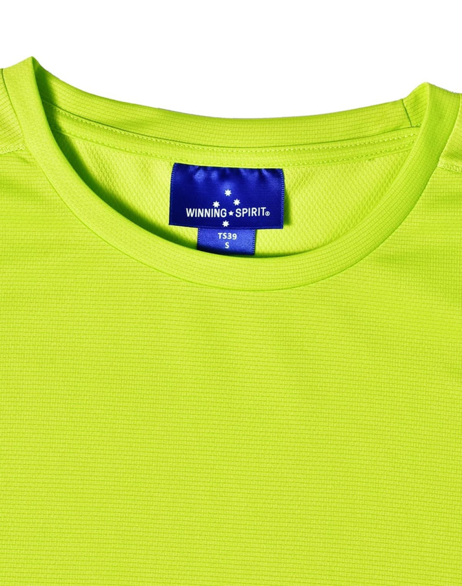 A bright lime green short-sleeve t-shirt with a tag featuring a logo.