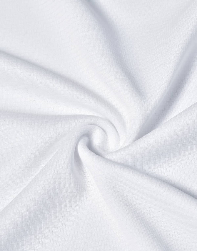 A close-up of a white, ultra-lightweight performance fabric showing a textured weave. The material is soft and flexible.