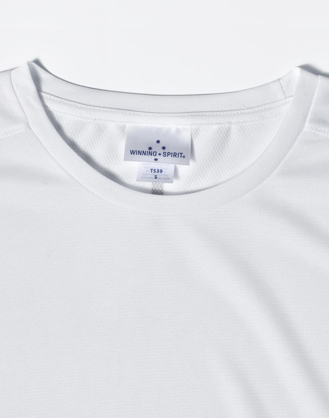 A white men's short sleeve performance T-shirt with a branded label on the neckline.