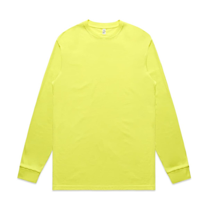 A long-sleeve t-shirt in bright yellow, featuring a simple design and cuffs at the sleeves. Includes a logo.