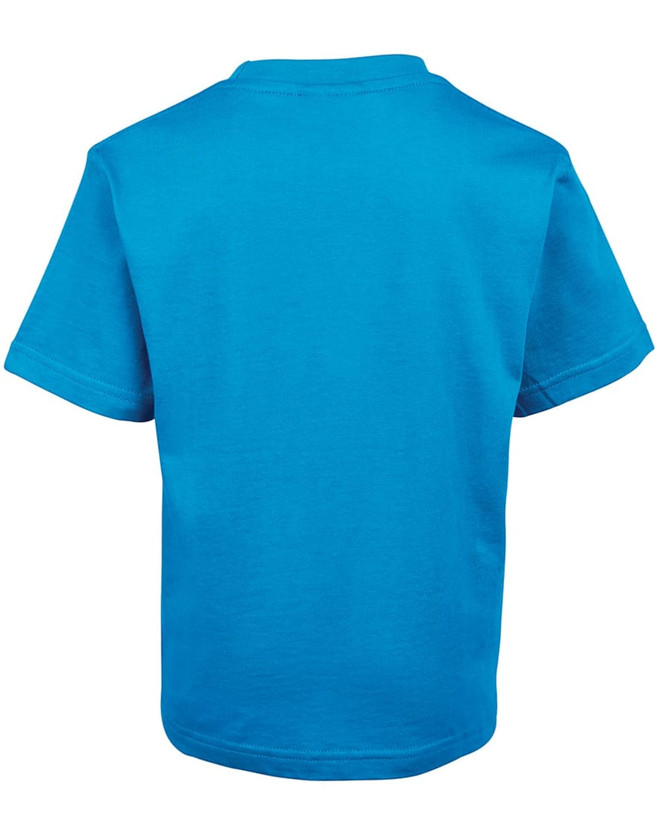 A blue kids' T-shirt with a round neck and short sleeves, featuring a logo on the back.